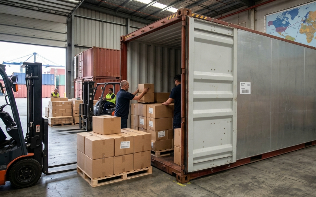 Shipping containers being loaded at a warehouse with export cartons and logistics staff